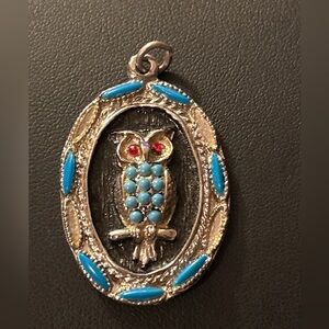 Vintage Gold Tone Danbury Mint TURQUOISE OWL Pendant Charm Red rhinestone